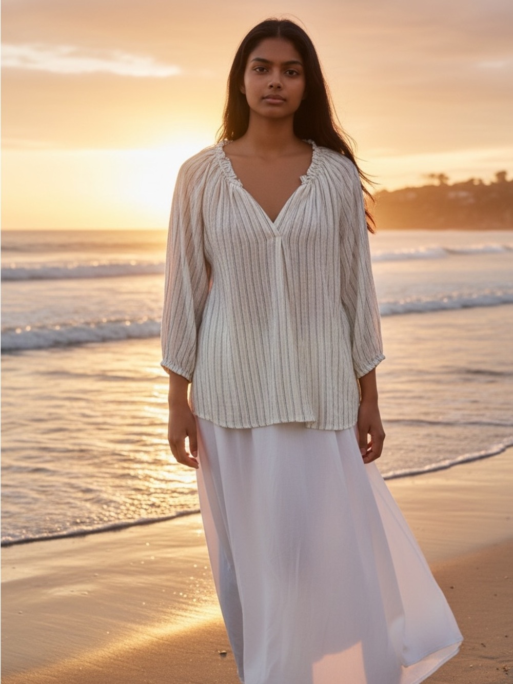 beachlunchlounge Cream Striped Peasant Blouse